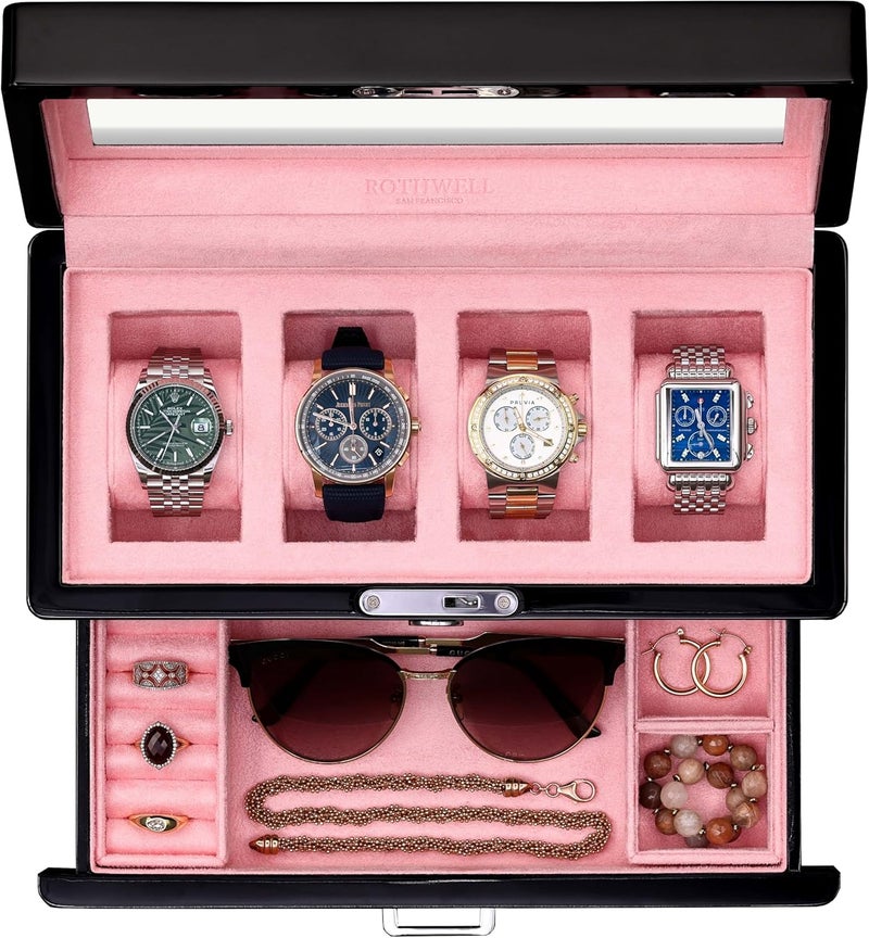 ROTHWELL 4-Slot Piano Black Watch Box with Valet Drawer - Premium Jewelry Display Case Organizer with Locking Glass Top and Microsuede Liner for Men & Women (Pink Interior) - Image 1